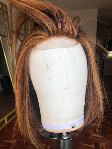 Cambodian  Hair Handmade bob wig with warm highlights - With Lace Closure